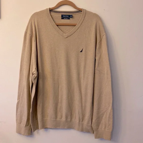 NAUTICA NAVTECH men’s Ribbed V-neck long sleeve tan sweater cotton blend XXL 🌞 - Picture 3 of 12